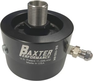 Oil Filter Adapter - Sandwich Adapter - Screw-On - 20 mm x 1.5 Center Thread - Schrader Valve Included - Aluminum - Black Anodized - Subaru FA / FB-Series - Each