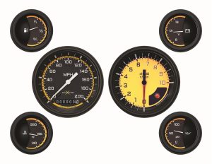 Classic Instruments Auto Cross Yellow Series Gauge Sets AX01YBLF Kit Analog, Black/Yellow Face, 3 3/8 in. Diameter Speedo Tach, 2 1/8 in. Fuel-Oil-Volt-Water, Set of 6