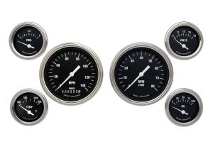 Classic Instruments Hot Rod Series Gauge Sets HR01SLF Set, Series, Analog, Electronic, Black Face, White Pointer, Polished Bezel, Curved Lens, Set