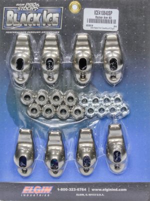Rocker Arm - Black Ice - 3/8 in Stud Mount - 1.60 Ratio - OEM / Long Slot - Ball / Nut Included - Steel - Small Block Chevy - Set of 8
