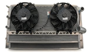 Radiator and Fan - 27.5 in W x 15 in H x 2.5 in D - Dual Pass - Dual Fans - Passenger Side Inlet - Passenger Side Outlet - Aluminum - Natural - NASCAR Whelen Modified LFR Chassis - Kit