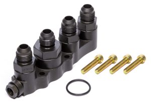 Fuel Pump Manifold - Bolt-On Inlet - Four 6 AN Male Ports - 3 AN Pressure Port - Aluminum - Black Anodized - Kinsler Tough Pump Fuel Pump - Each
