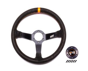 Steering Wheel - Drifting / Track Day / Rally Dirt / Off Road - 14 in Diameter - 2.36 in Dish - 3-Spoke - Black Suede Grip - Orange Stripe - Aluminum - Black Anodized - Each