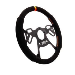 Steering Wheel - Drag Race - 12 in Diameter - Flat - 4-Spoke - Black Suede Grip - Orange Stripe - Aluminum - Black Anodized - Each