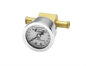 Mr. Gasket Fuel Pressure Gauge/Inline Adapter Kits 1564 Gauge, Pressure, Analog, Liquid Filled, 0-15 psi, 1.50 in. Diameter, Inline Aluminum Block, White Face, Carbureted Engines, Each