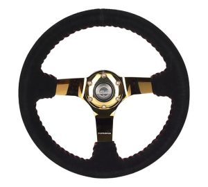NRG Reinforced Steering Wheel (350mm / 3in. Deep) Blk Suede w/Red BBall Stitch & Chrome Gold 3-Spoke