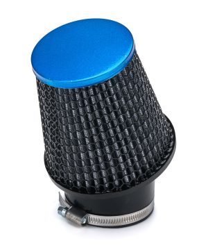 Air Filter Element - Round - 3 in Diameter - 5 in Tall - Wire Mesh Included - Paper - Gray - Blue End Cap - Asphalt Kart - Each