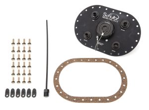 Fuel Cell Filler Plate - Twist-On Cap - Straight Neck - 24-Bolt Flange - 8 AN Outlet / Return - 6 AN Vent - Aluminum - Black Anodized - Kit