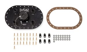 Fuel Cell Filler Plate - Twist-On Cap - Straight Neck - 24-Bolt Flange - 10 AN Outlet - 8 AN Return - 6 AN Vent - Aluminum - Black Anodized - Kit
