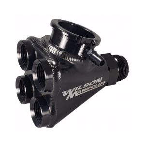 Coolant Manifold - Four 12 AN Female O-Ring Inlets - 16 AN Outlet - Radiator Cap Bung - Aluminum - Black Anodized - Each